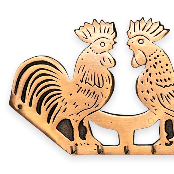 Cast Iron‎ Copper Plated Double Rooster Five Key Hook Holder 11”x6.5” - Picture 3 of 8